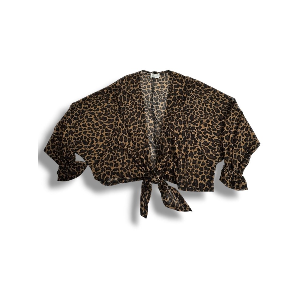 Ember Womens Small Sheer Brown Leopard Animal Print Tie Front Cropped Blouse